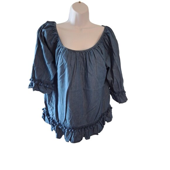 Western Orchard Womens Denim Peasant Blouse L Blue Ruffle Pom Pom Trim Boho - Picture 1 of 7